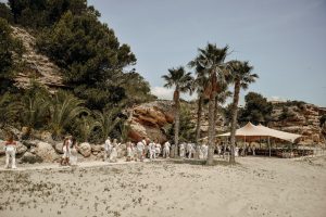 Guests arriving at Calafat beach wedding venue, just a short drive from Barcelona.