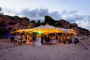 Guests enjoying local Mediterranean cuisine and signature rice dishes during a Calafat wedding.