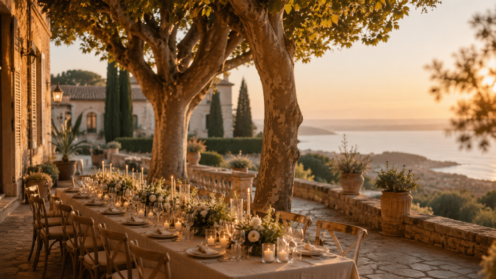 Wedding villa in Spain with a candlelit terrace dinner overlooking the sea