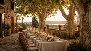 Villa wedding in Spain &mdash; private estate set for an outdoor dinner at golden hour