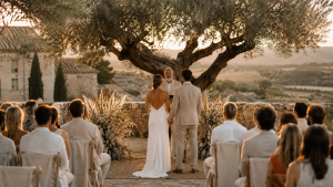 Foreign couple getting married in Spain at a symbolic countryside ceremony at golden hour