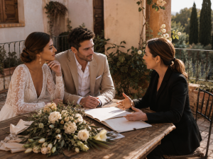 wedding planning frustrations Spain &mdash; couple with wedding planner