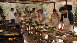 Wedding weekend activities in Spain: guests preparing paella with a chef on the terrace of a Spanish finca