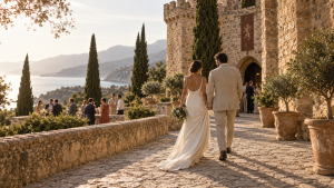 Bride and groom walking towards the entrance of a historic castle wedding in Spain at golden hour
