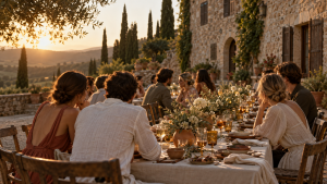 Imperial table at a private mas&iacute;a at sunset during a wedding weekend in Spain