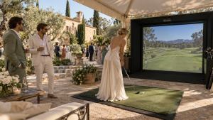 Wedding guest playing a golf simulator inside a white marquee in a Mediterranean garden during a destination wedding cocktail in Spain.