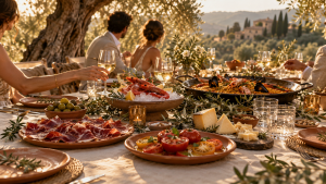 Spanish wedding table at golden hour with Jam&oacute;n Ib&eacute;rico, red prawns, tomatoes, cheese and seafood rice, illustrating a wedding menu in Spain. spain4weddings.com/wedding-menu-in-spain/